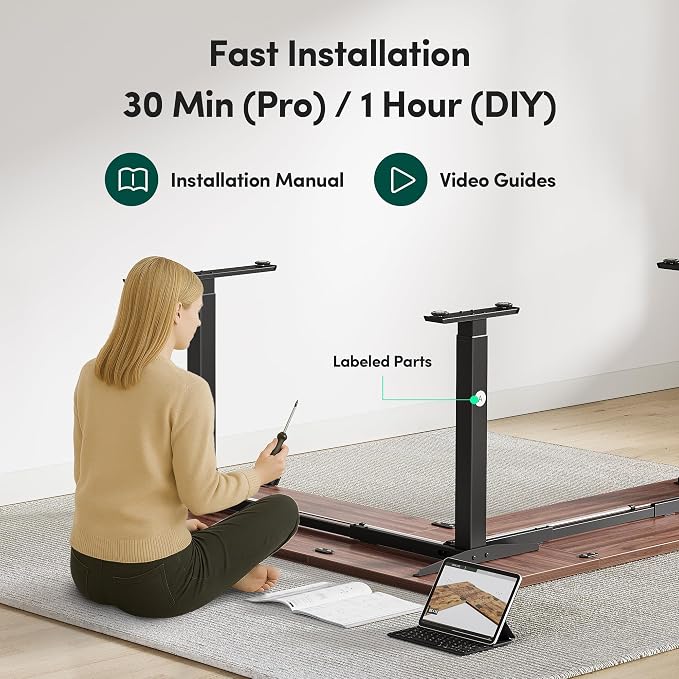 BANTI L-Shaped Standing Desk - 75 x 63 Inch Adjustable Corner Standing Desk with Charging Station - L Shape Sit Stand Table with Memory Controller, Splice Board for Home Office, Black Walnut