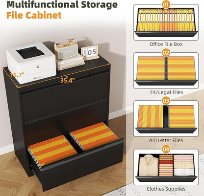 Lateral File Cabinet, 3 Drawer Lateral Filing Cabinet with Lock, Metal Lateral Filing Cabinet for Home Office, Office Organization Cabinet for Letter/Legal/F4/A4 Size (Require Assembly)