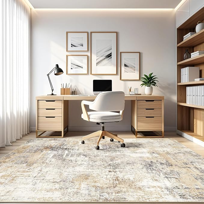 4x6 Rug Washable Area Rugs: Abstract Modern Soft Stain Resistant Indoor Floor Accent Non Slip Carpet for Living Room Entryway Kitchen Bedroom Nursery Office Bedside Home House Decor- Gray Gold
