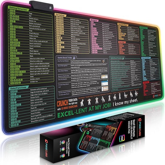 Excel Cheat Sheet LED Desk Pad | Excel Shortcut Keys Mouse Pad - Colorful RGB Luminous Extended Large Gaming Mousepad| PC Office Spreadsheet Keyboard Mat| Non-Slip Stitched Edge Desk Mat