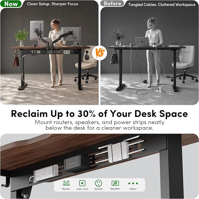 FEZIBO Electric Standing Desk with L-Shaped Crossbar & Cable Management System, 40 x 24 Inches Sit Stand up Desk, Adjustable Height Standing Desk for Home Office, Black Walnut