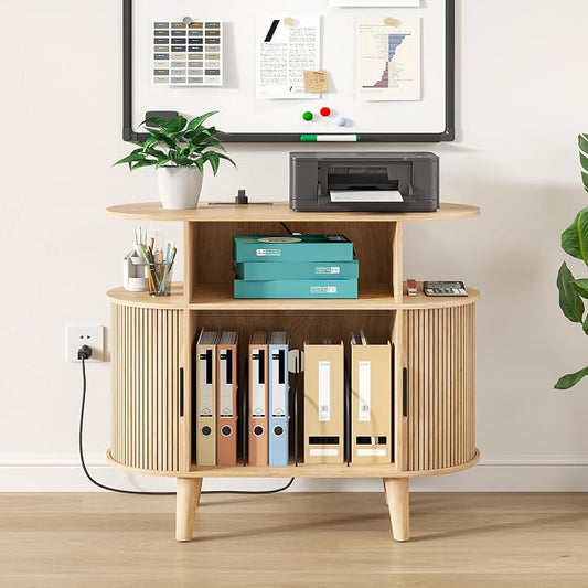 Fiogmub Round Printer Stand with Charging Station & USB Ports, 35.4 x15.7 x 30 Inches Large Printer Table 3 Tier with Storage Shelf for Home Office (Oak)