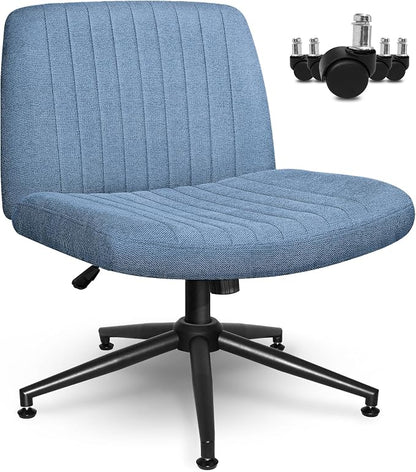 NEO CHAIR Criss Cross Chair with Wheels Armless Cross Legged Office Desk Wide Comfy Vanity Makeup Chair Adjustable Swivel Rolling Computer for Home Office Fabric (Blue)