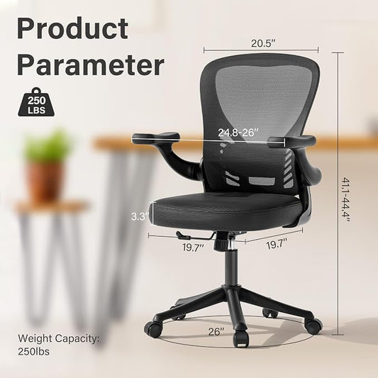 Ollega Computer Desk Chair with Wheels, Mesh Office Chair with Flip Up Arms, Adjustable Lumbar Support, Swivel Desk Chair Comfy, Black