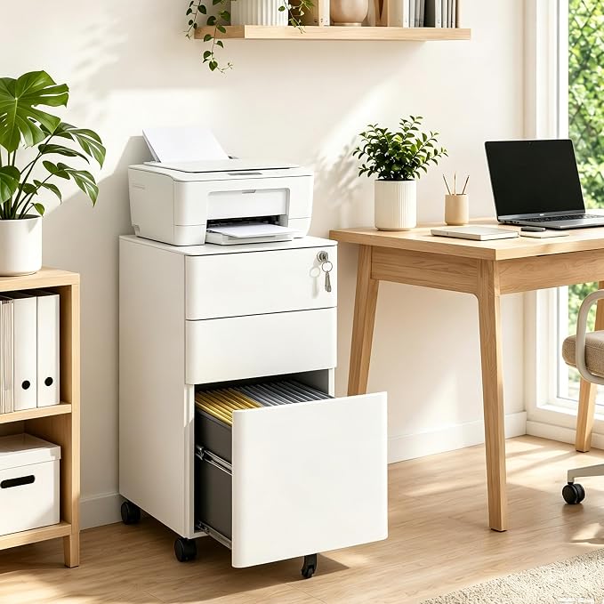 SAWJEC 3 Drawer File Cabinet with Lock, 11.8" W Fully Assembled Rolling Printer Stand Under Desk, White Filing Cabinet for Legal/Letter/A4 Size, Home Office, 17.7" D x 11.8" W x 24.0" H