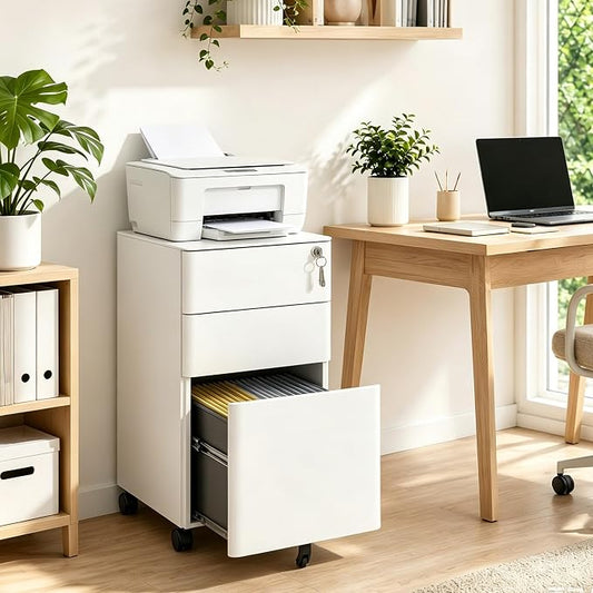 SAWJEC 3 Drawer File Cabinet with Lock, 11.8" W Fully Assembled Rolling Printer Stand Under Desk, White Filing Cabinet for Legal/Letter/A4 Size, Home Office, 17.7" D x 11.8" W x 24.0" H