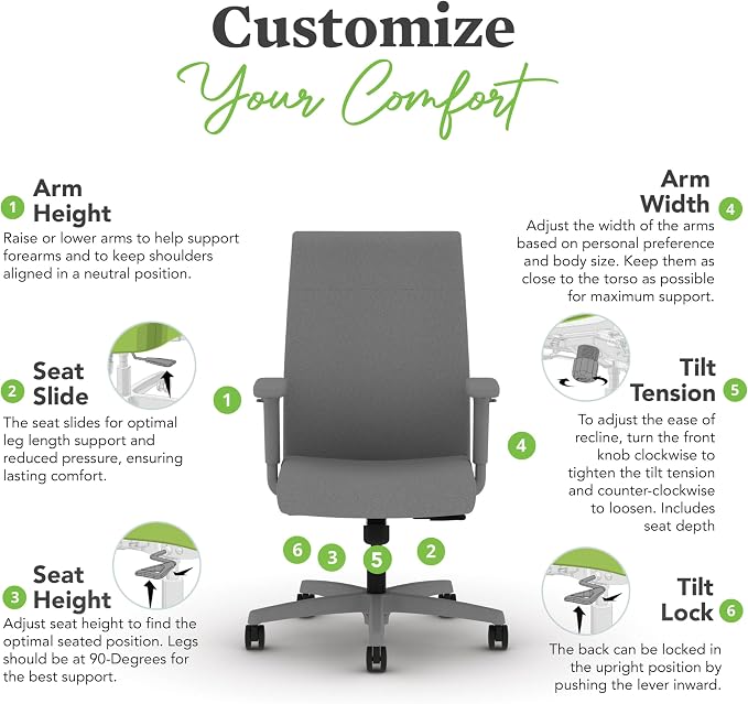 HON Ignition 2.0 Ergonomic Office Chair with Adjustable Arms, Standard Synchro‑Tilt Recline, Upholstered Desk and Computer Chair for Home Office or Workstation, Titanium Frame, Frost