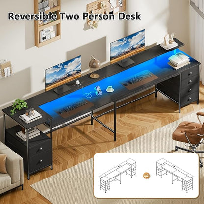 Furologee 95" Two Person Computer Gaming Desk, Long 2 Person Home Office Desk with 6 Drawers & Storage Shelves, Double Table with Power Outlets, LED Lights and Full Monitor Shelf, Black