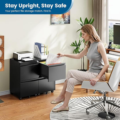 PEUKC 2 Drawers Mobile File Cabinet with Lock, Under Desk Rolling File Cabinet for Home Office, Organizes Letter Legal A4 Files, Black(Pre-Assembled)