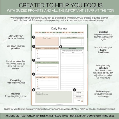 ADHD Daily Planner for Neurodivergent Adults - Productivity Daily Planner & Task Management to Stay Organized and Focused (Green)