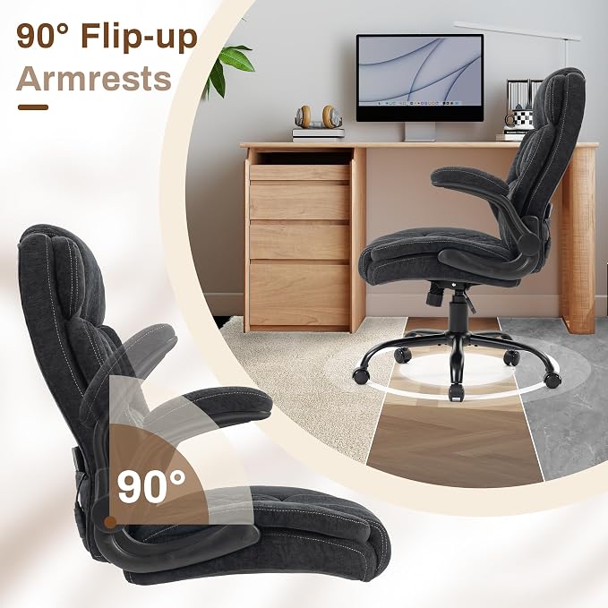 Massage Office Chair, 500LBS Ergonomic Rocking Executive Desk Chairs with 4 Points Vibration&Heat,Padded Flip-up Armrests for Big and Tall Office Chair,Swivel Computer Chair Thicken Back,Fabric Black