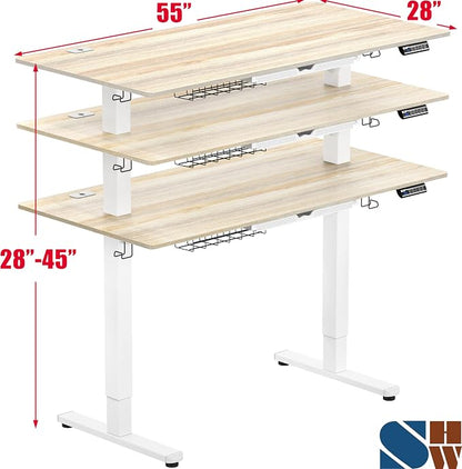 SHW 55 x 28 Inches Electric Height Adjustable Standing Desk with Drawer and Memory Preset, Maple