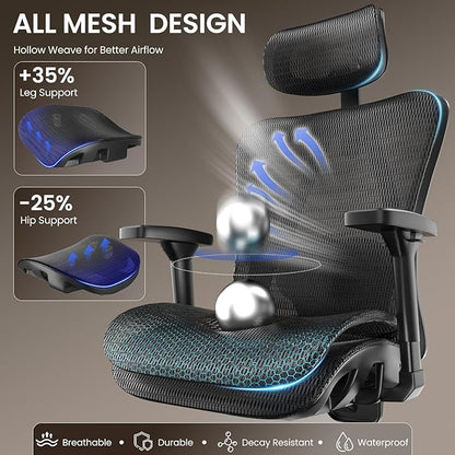 naspaluro Ergonomic Office Chair Mesh Desk Chair with Adjustable Headrest Lumbar Support 3D Armrest 90-135° Reclining Chairs for Home Office, Study, Work & Gaming (Black)
