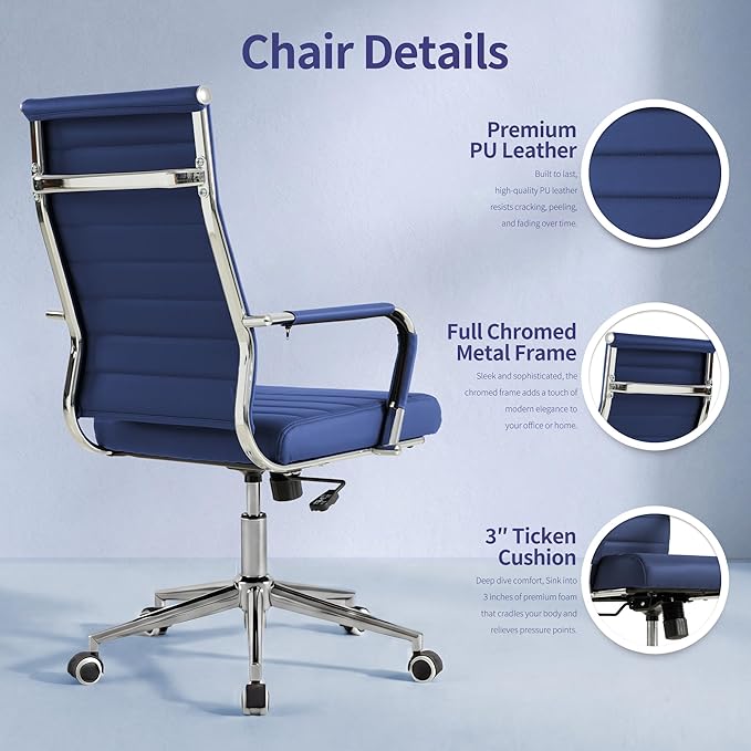 Okeysen Navy Blue Office Desk Chair, Ergonomic Leather Modern Conference Room Chairs, Executive Ribbed Height Adjustable Swivel Rolling Chair for Home Office.