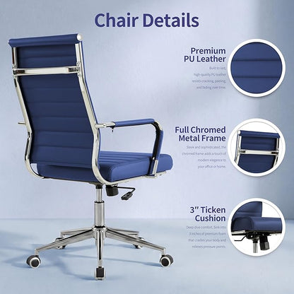 Okeysen Navy Blue Office Desk Chair, Ergonomic Leather Modern Conference Room Chairs, Executive Ribbed Height Adjustable Swivel Rolling Chair for Home Office.