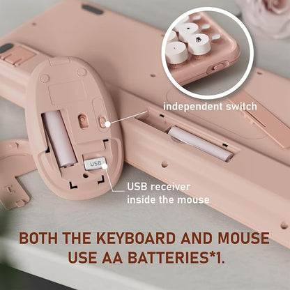 Wireless Keyboard and Mouse, Colorful 104-Key QWERTY with Round Keys, Phone Holder, Wrist Rest, Power Buttons, 2.4GHz USB for PC Laptop (Peach Gradient)