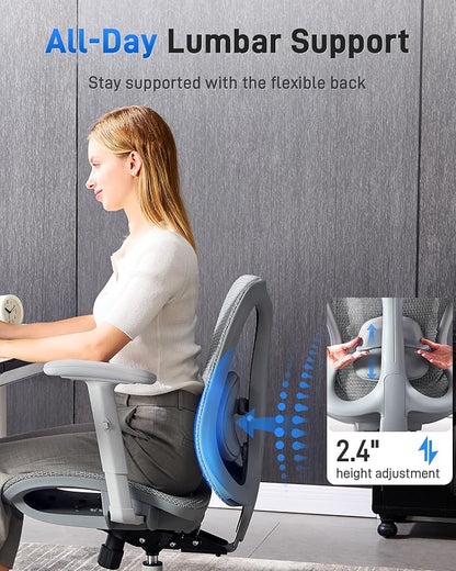 amseatec Ergonomic Office Desk Chair, Comfortable Computer Gaming Chair, Breathable Mesh Back & Seat, Adjustable Armrest, Lumbar Support, Butterfly Design for Home Office (Gray)