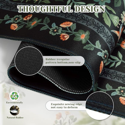iCasso Aesthetic Flower Mouse pad for Laptop, Desk Pad Mat, Vintage Desk Matt for Desktop 13.7"x23.6", Anti-Slip Mousepad with Stitched Edges for Laptop Computer Keyboard(Black)