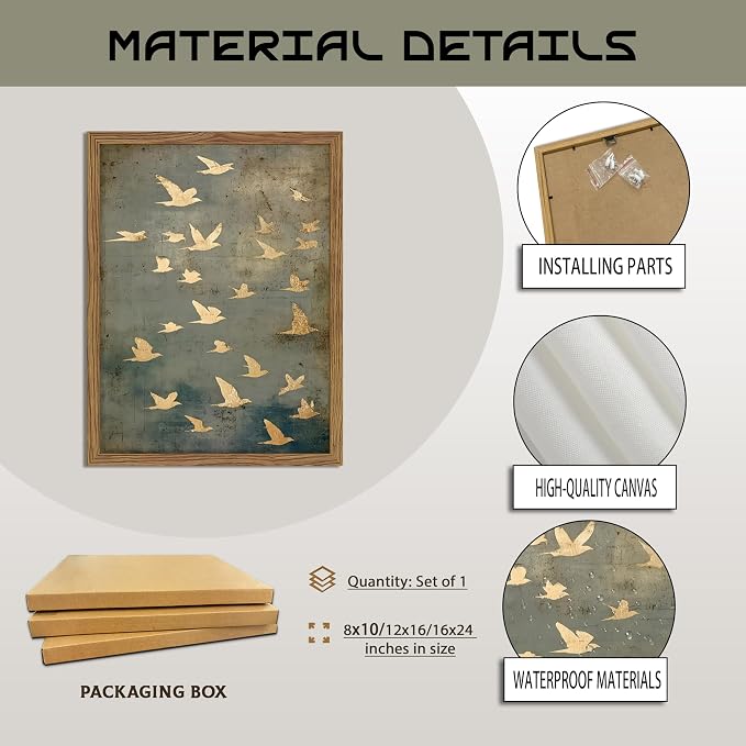 Framed Flock of Birds Canvas Wall Art, Vintage Minimalist Abstract Landscape Painting, Neutral Gold Birds Spiritual Wall Decor, Modern Aesthetic Pictures for Bedroom Living Room 12x16 inch