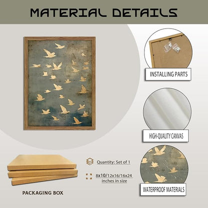 Framed Flock of Birds Canvas Wall Art, Vintage Minimalist Abstract Landscape Painting, Neutral Gold Birds Spiritual Wall Decor, Modern Aesthetic Pictures for Bedroom Living Room 12x16 inch