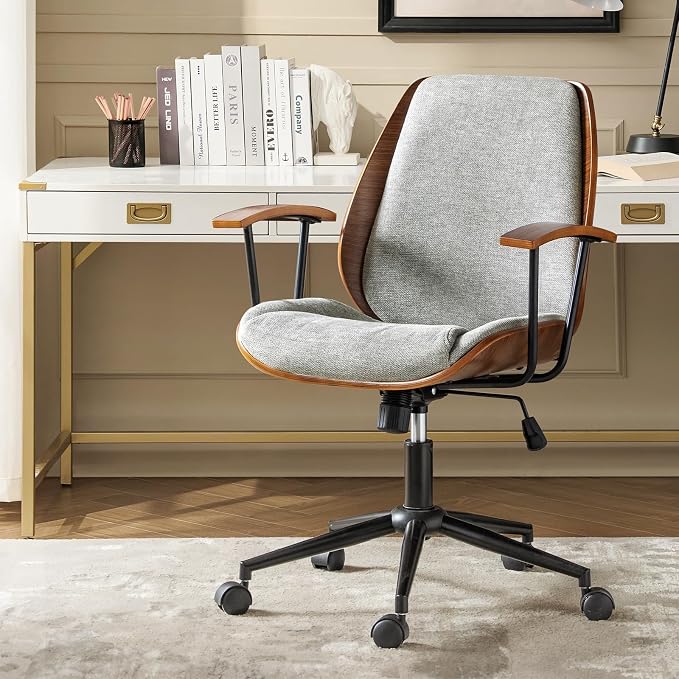 Modern Ergonomic Office Chair with Wood Frame & Metal Base, Swivel Home Office Desk Chairs with Adjustable Height, Comfy Upholstered Computer Chair, Grey