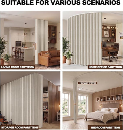 JILRON Accordion Partition Curtain with Ceiling Track - Space-Saving Room Divider, Tool-Free Installation(Off-White 180" W x 108" L-Pack of 1)