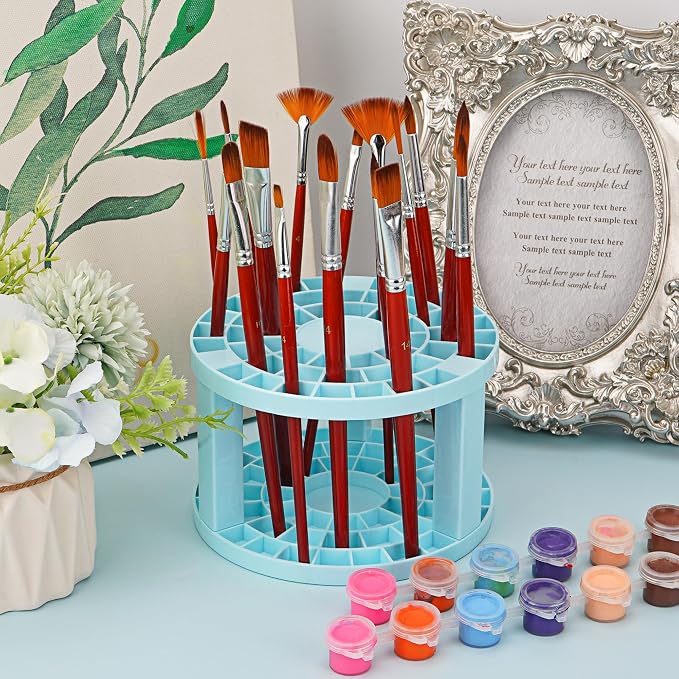 Round 50 Hole Paint Brush Holder and Organizer, Makeup Cosmetic Brushes, Pencils, Pens, Markers, Art Tools, Desk Stand (Blue)