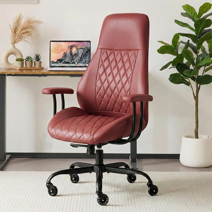 Office Chair with Rubber Wheels, Ergonomic Computer Chair 500 lbs, Leather Desk Chair with Lumbar Support, Executive Chair Adjustable Height & Recline, Red | Ergonomic, Lumbar Support, 360° Swivel & Rolling Wheels, Adjustable Height, for Adults & Women
