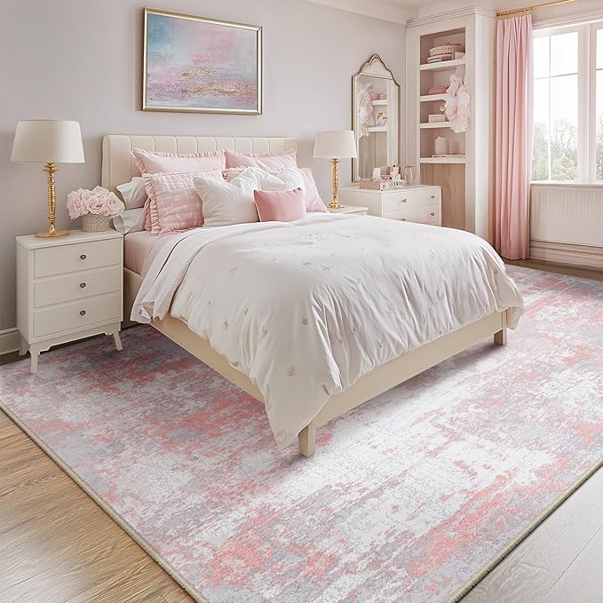 RELEANY Washable Area Rugs 4'x5' Non-Slip Modern Abstract Soft for Living Room Entryway Bedroom Kitchen, Print Pattern, Grey Pink
