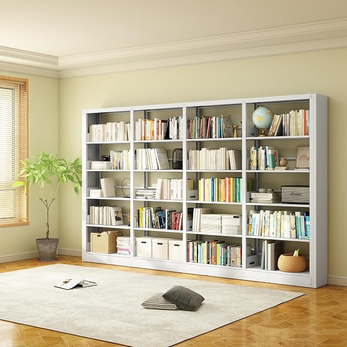 Industrial 5-Tier White Metal Bookshelf - Tall Freestanding Organizer for Living Room, Bedroom & Home Office