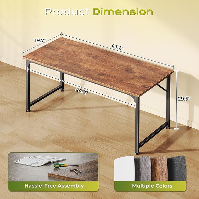 PRAISUN 47 Inch Computer Desk, Home Office Desk with Spacious Desktop, Modern Gaming Desk, Writing Study Table for Bedroom, Small Spaces, Work from Home Desk with Metal Frame, Rusitc Brown