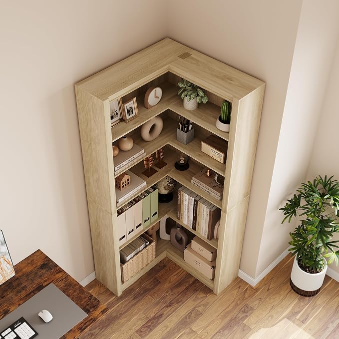 GarveeHome Corner Bookshelf, 71.8 in Farmhouse Corner Bookcase, L-Shaped Bookshelf Large Bookcase, 5 Tier Display Shelf Heavy Duty Bookcases, Bookshelves with Storage (Light Wood)