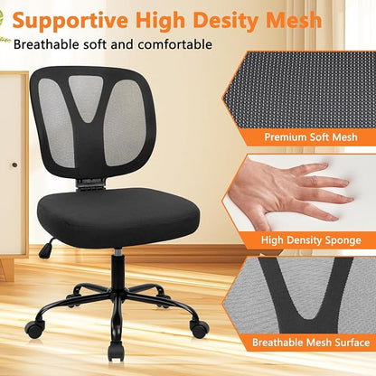 CLATINA Armless Home Office Chair, Adjustable Height Backrest Ergonomic Mesh Desk Chair with Wheels, 360° Swivel Small Computer Task Chair for Home Office, Study, Meeting Room, Black(2 Pack)