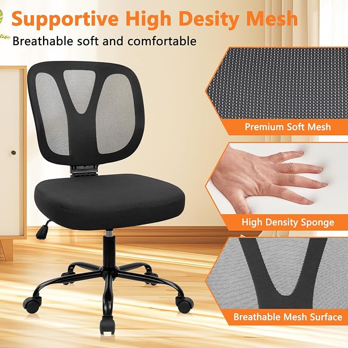 CLATINA Armless Home Office Chair, Adjustable Height Backrest Ergonomic Mesh Desk Chair with Wheels, 360° Swivel Small Computer Task Chair for Home Office, Study, Meeting Room, Black(4 Pack)