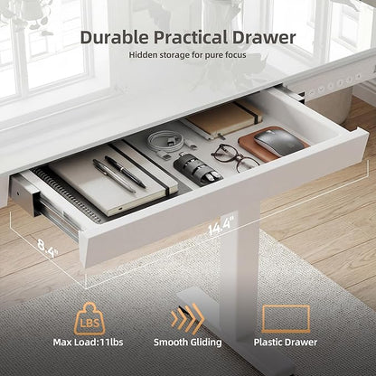 INNOVAR Glass Standing Desk with Drawers & USB Ports,48 inch Whole-Piece Glass Top Adjustable Height Desks, Quick-Install Electric Sit-Stand Up Desk for Home Office & Computer Workstation, White