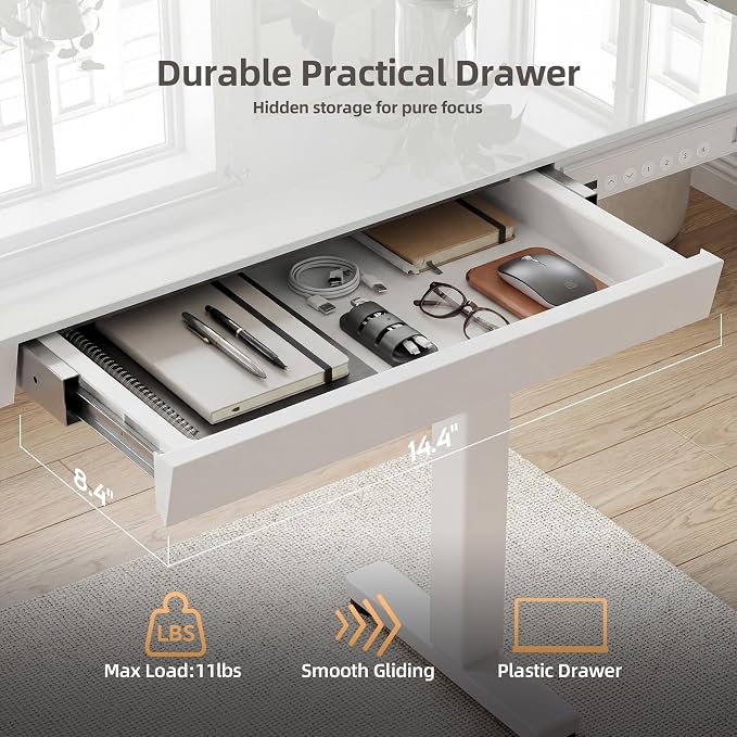INNOVAR 40" Small Glass Standing Desk with Drawers & USB Ports, Whole-Piece Glass Top Adjustable Height Desks, Quick-Install Electric Sit-Stand Up Desk for Home Office & Computer Workstation, White