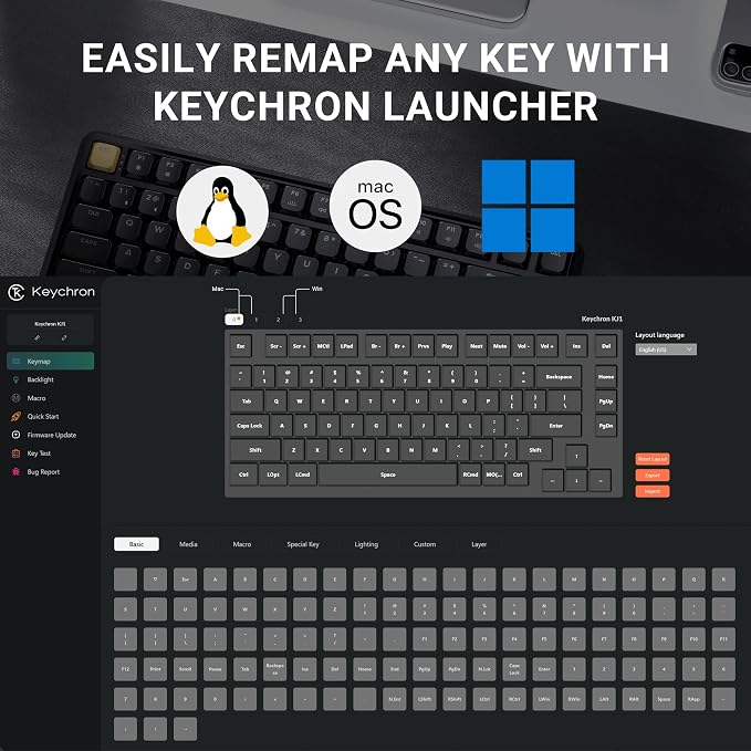 Keychron KJ1 Low Profile Wireless Mechanical Keyboard, 2.4 GHz Bluetooth QMK 75% Layout RGB, Hot-swappable Banana Switch Compatible with Mac Windows Linux, 2000mAh Fast Charge for Gaming - Black