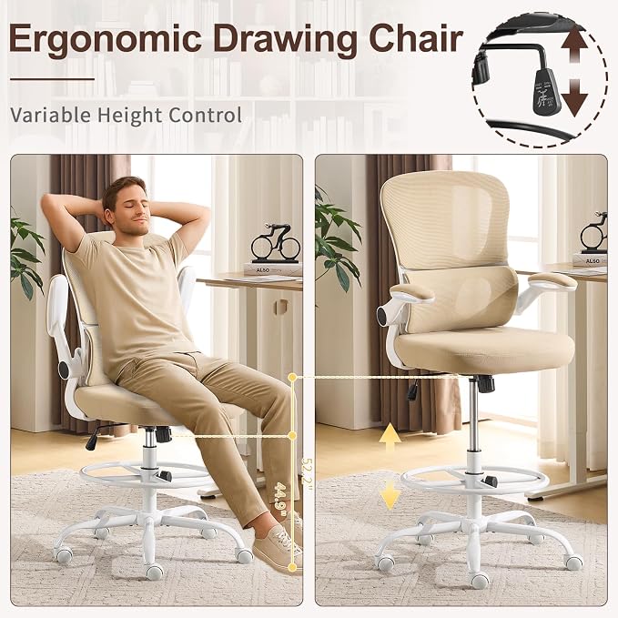Karl home Ergonomic Drafting Chair, Khaki | Lumbar Support, Flip-Up Armrests, Adjustable Height Footrest Ring, Breathable Mesh, Tall Swivel