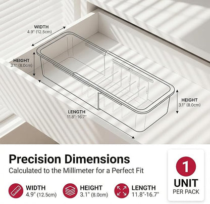 Li&Zhao Drawer Organizer- Adjustable Storage Bins with 5 Dividers, Gray Clear Drawer Organizer for Kitchen, Bedroom, and Office, Expandable clear organizer bins for Makeup, Utensils, and Gadgets