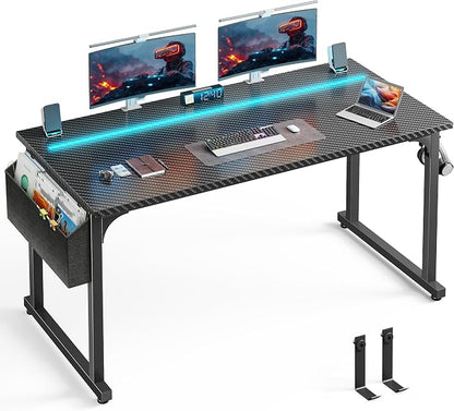 DurayLoly 55” Carbon Fiber Gaming Desk, IP65 RGB LED Computer Desk with Side Storage Bag & Headphone Hook, Sturdy Metal Frame Space Saving Home Office Desk for Teens Bedroom Dorm Study Gaming Room