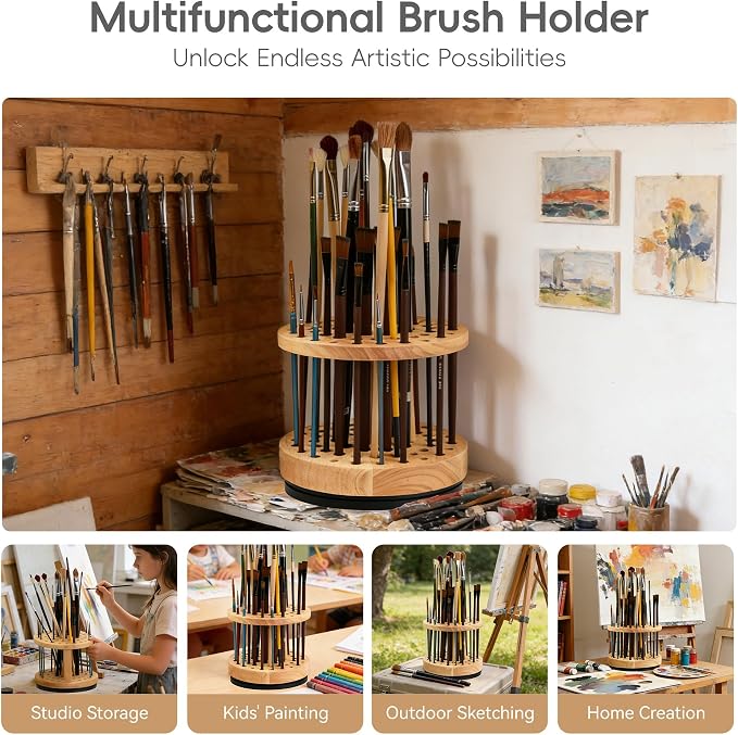 360° Rotating Brush Storage Rack|52-Hole Brush Holder|Hardwood Storage Stand|Space-Saving Brush Organizer|Suitable for Artist Brushes,Craft Tools, Makeup Brushes,Calligraphy Pens