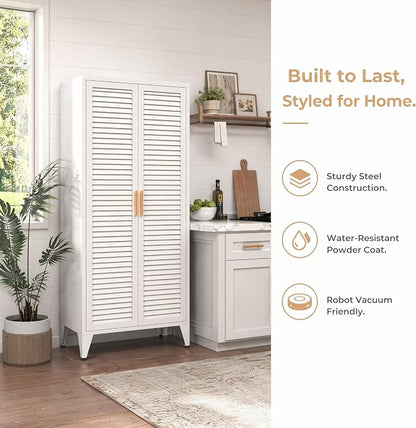 kastfh White Metal Storage Cabinet with Doors and 3 Adjustable Shelves, 61" Tall 4-Tier Pantry Storage Cabinet for the Kitchen, Living Room, Bedroom, Home, Bathroom and Office