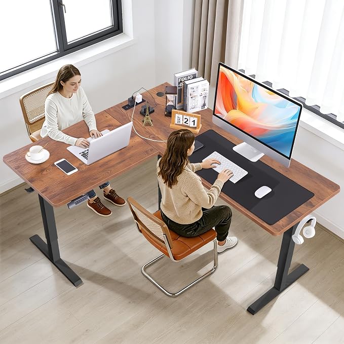 63” L Shaped Standing Desk with Charging Station,Supports Left and Right Swapping,Electric Height Adjustable Corner Stand Up Desk.Free Hook, Lockable Wheels,Mouse Pad,Brown