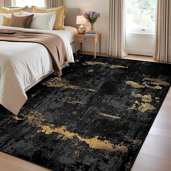 RELEANY Washable Area Rugs 3'x5' Non-Slip Modern Abstract Soft for Living Room Entryway Bedroom Kitchen, Print Pattern, Dark Black Gold