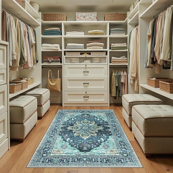 RELEANY Area Rugs 3'x5' Washable Non-Slip, Floral Vintage Distress Medallion Carpet for Living Room Bedroom Dining Room, Teal Green Lake Blue Turquoise