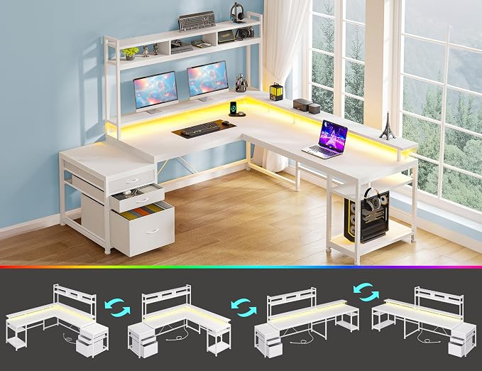 EnHomee 104''L Shaped Desk with 4 Layouts,Outlet for Two Person Home Office | 4 Layout Sizes 64''–104'', Multi-Room Compatibility, 4 AC+2 USB Outlet, Multi-Monitor Stand, Simultaneous Work and Charging