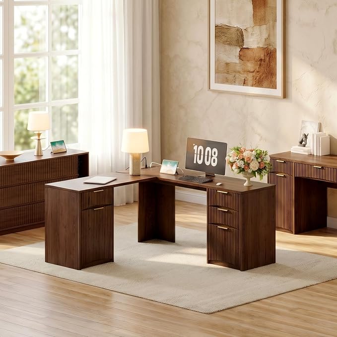 Whalefall 63'' Fluted L Shaped Desk with Drawers, Walnut | Corner Computer Desk with Charging Station, Modern Executive Home Office L Desk with File Cabinet Storage