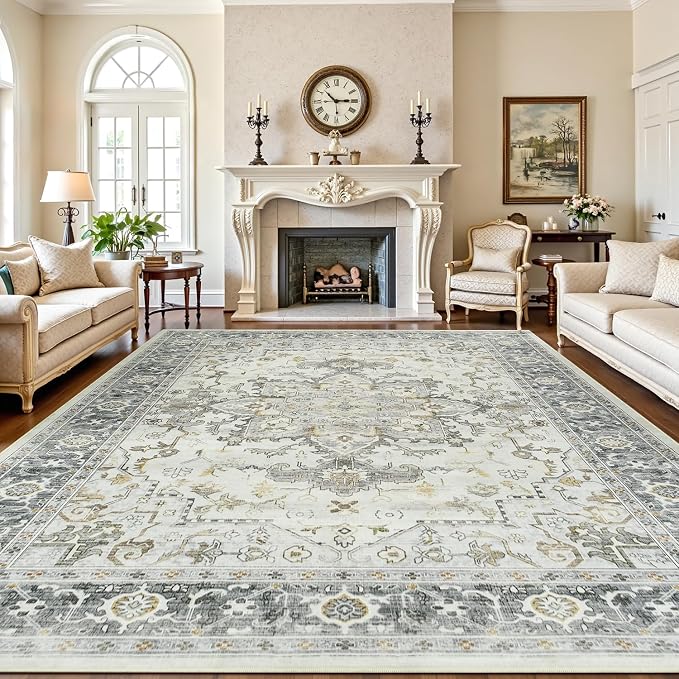 Lofus 8x10 Area Rugs for Living Room, Machine Washable Non-Slip Area Rug, Low Pile Large Rugs for Bedroom, Kitchen, Dining Room, Home Office, Vintage Oriental Print Rug, Taupe Grey
