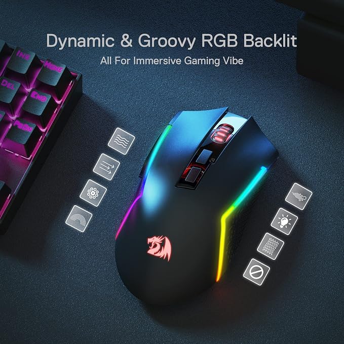 Redragon M693 LIT Wireless Gaming Mouse, 12800 DPI Mice w/ 3-Mode Connection, BT & 2.4G Wireless, 7 Macro Buttons, Reliable Power Capacity for PC/Mac/Laptop