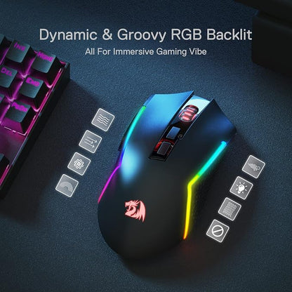 Redragon M693 LIT Wireless Gaming Mouse, 12800 DPI Mice w/ 3-Mode Connection, BT & 2.4G Wireless, 7 Macro Buttons, Reliable Power Capacity for PC/Mac/Laptop